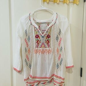 Johnny Was Floral Embroidery V neck cotton Pullover Blouse size XS